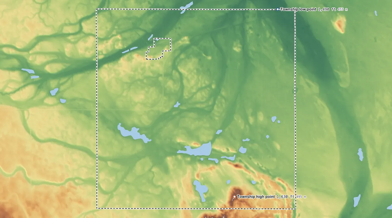 Topographic elevation map of Granville Township, North Dakota, shaded from 1,490 ft on the northeast side to 1,630 ft on the southeast side