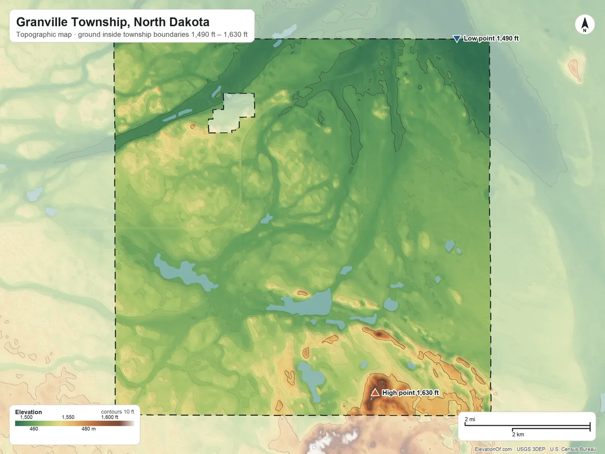 Topographic elevation map of Granville Township, North Dakota, shaded from 1,490 ft on the northeast side to 1,630 ft on the southeast side
