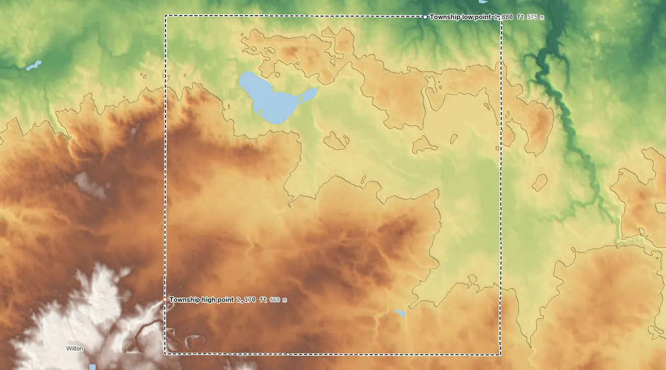 Topographic elevation map of Grass Lake Township, North Dakota, shaded from 1,880 ft on the northeast side to 2,170 ft on the southwest side