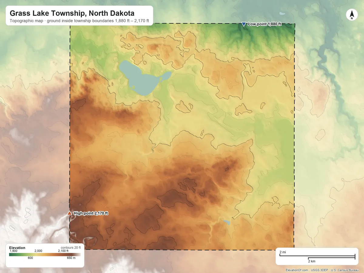 Topographic elevation map of Grass Lake Township, North Dakota, shaded from 1,880 ft on the northeast side to 2,170 ft on the southwest side