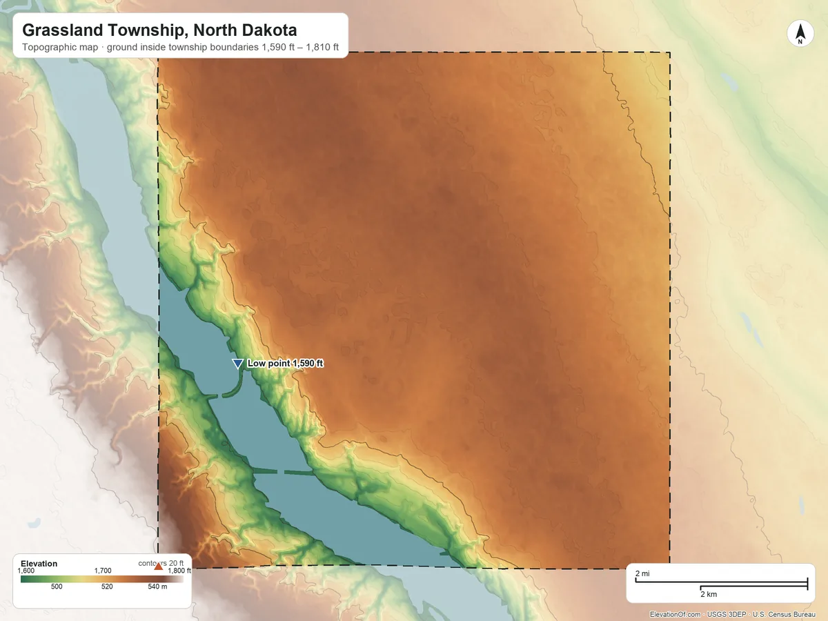 Topographic elevation map of Grassland Township, North Dakota, shaded from 1,590 ft on the west side to 1,810 ft on the southwest side