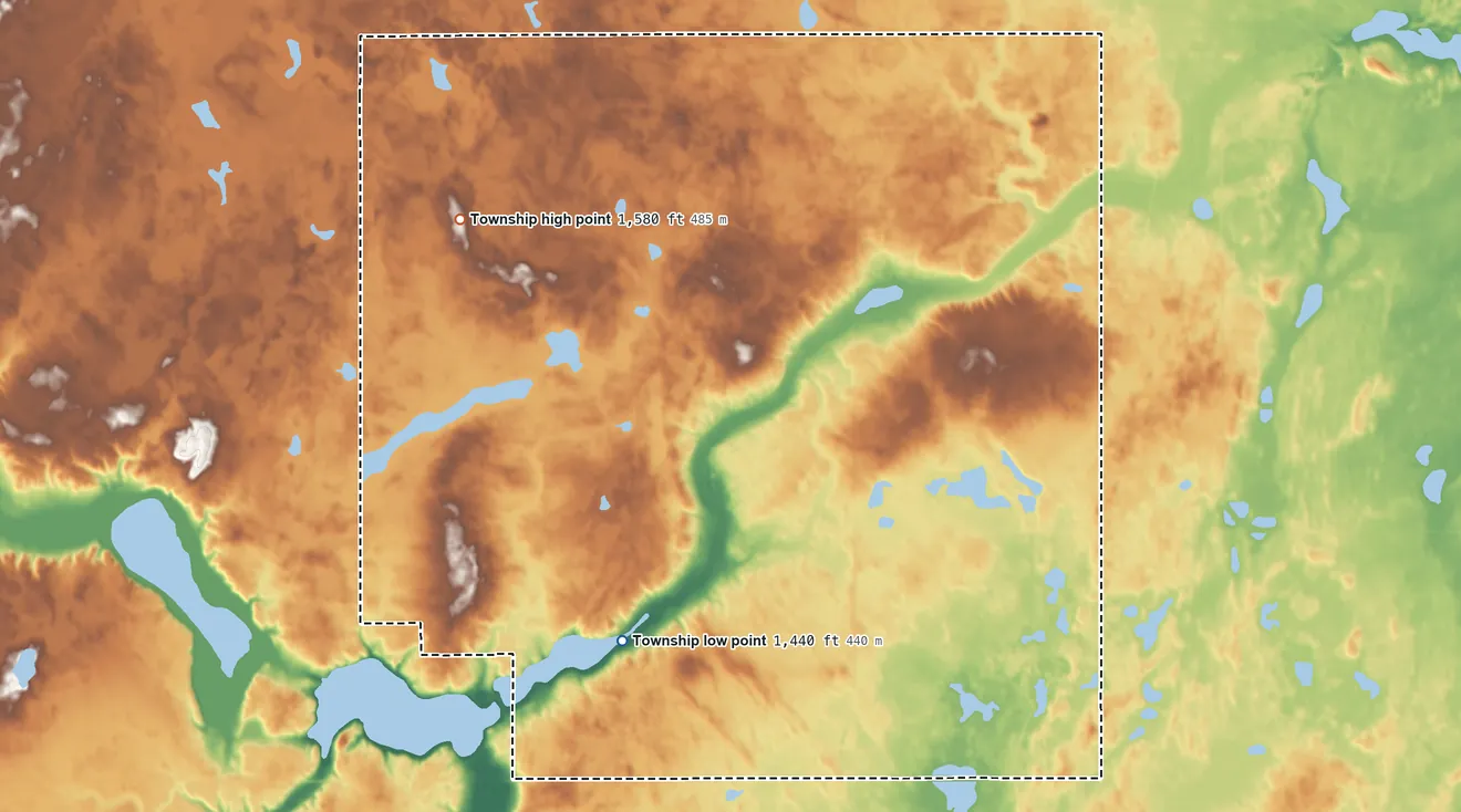 Topographic elevation map of Gray Township, North Dakota, shaded from 1,440 ft on the southwest side to 1,580 ft on the northwest side