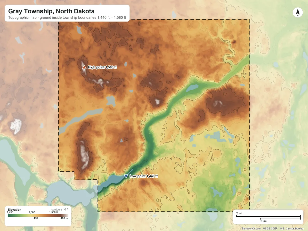 Topographic elevation map of Gray Township, North Dakota, shaded from 1,440 ft on the southwest side to 1,580 ft on the northwest side
