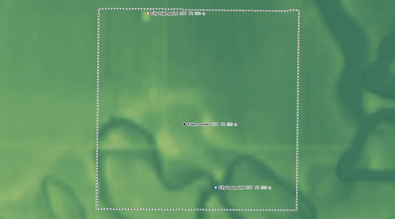 Topographic elevation map of Great Bend, North Dakota, shaded from 970 ft on the southeast side to 980 ft on the north side