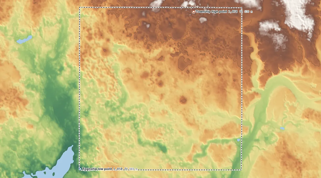 Topographic elevation map of Greatstone Township, North Dakota, shaded from 1,850 ft on the southwest side to 2,070 ft on the northeast side