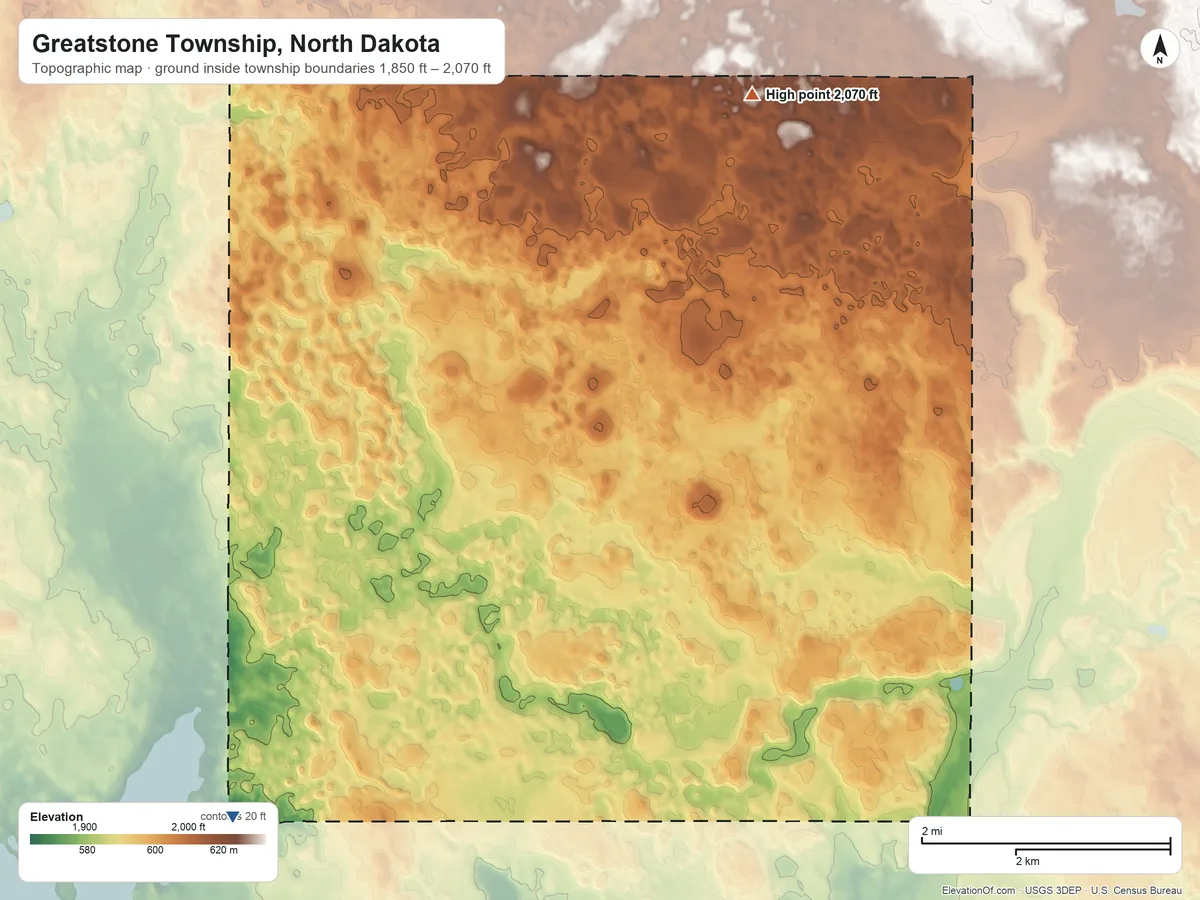 Topographic elevation map of Greatstone Township, North Dakota, shaded from 1,850 ft on the southwest side to 2,070 ft on the northeast side