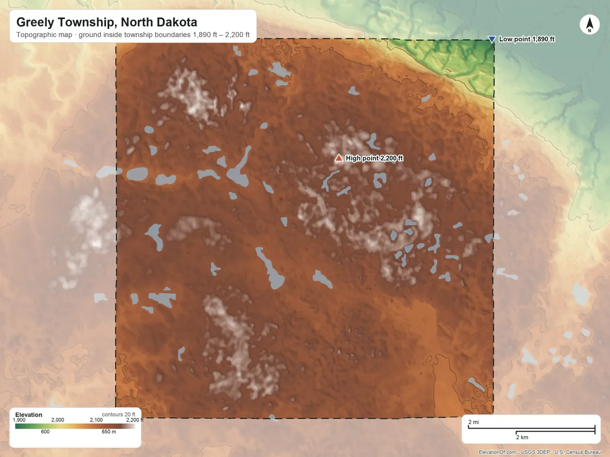 Topographic elevation map of Greely Township, North Dakota, shaded from 1,890 ft on the northeast side to 2,200 ft on the northeast side