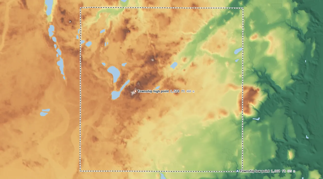 Topographic elevation map of Green Township, North Dakota, shaded from 1,360 ft on the southeast side to 1,570 ft near the middle
