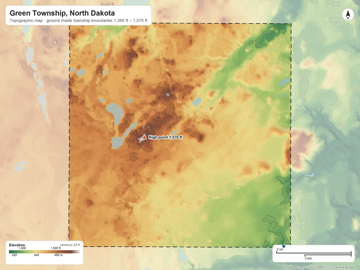 Topographic elevation map of Green Township, North Dakota, shaded from 1,360 ft on the southeast side to 1,570 ft near the middle