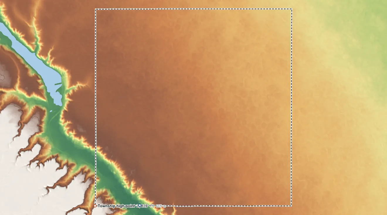 Topographic elevation map of Greenbush Township, North Dakota, shaded from 1,770 ft on the southwest side to 2,020 ft on the southwest side