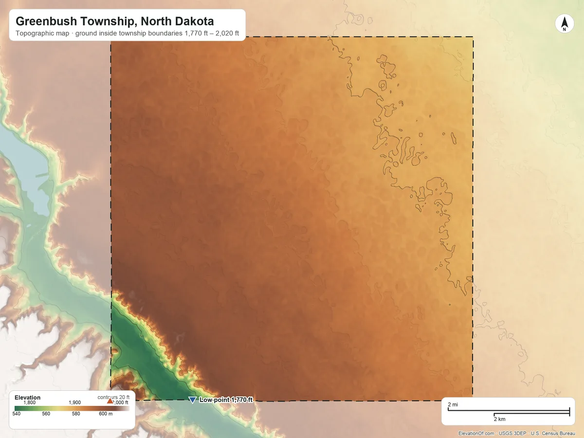 Topographic elevation map of Greenbush Township, North Dakota, shaded from 1,770 ft on the southwest side to 2,020 ft on the southwest side