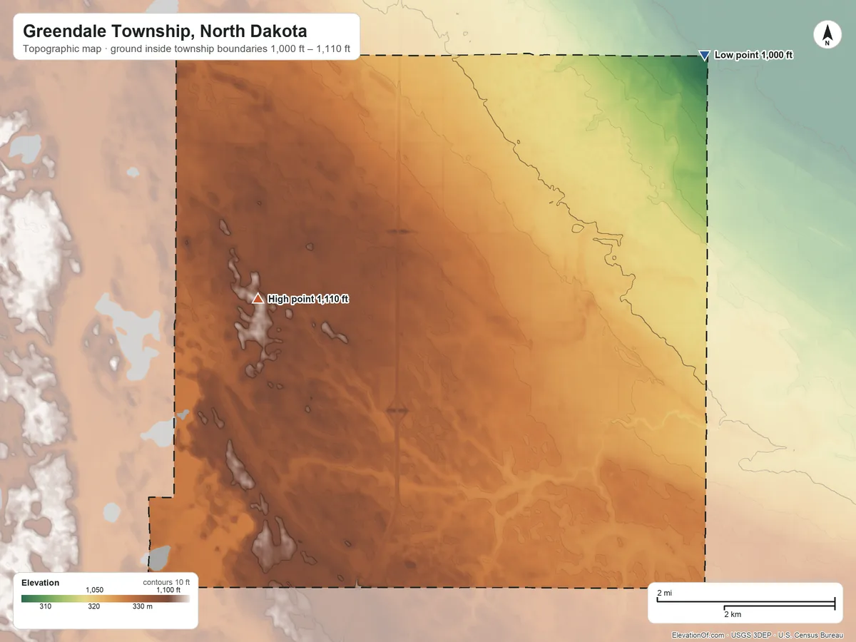 Topographic elevation map of Greendale Township, North Dakota, shaded from 1,000 ft on the northeast side to 1,110 ft on the northwest side