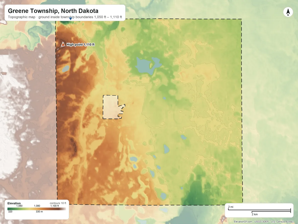 Topographic elevation map of Greene Township, North Dakota, shaded from 1,050 ft on the northwest side to 1,110 ft on the northwest side