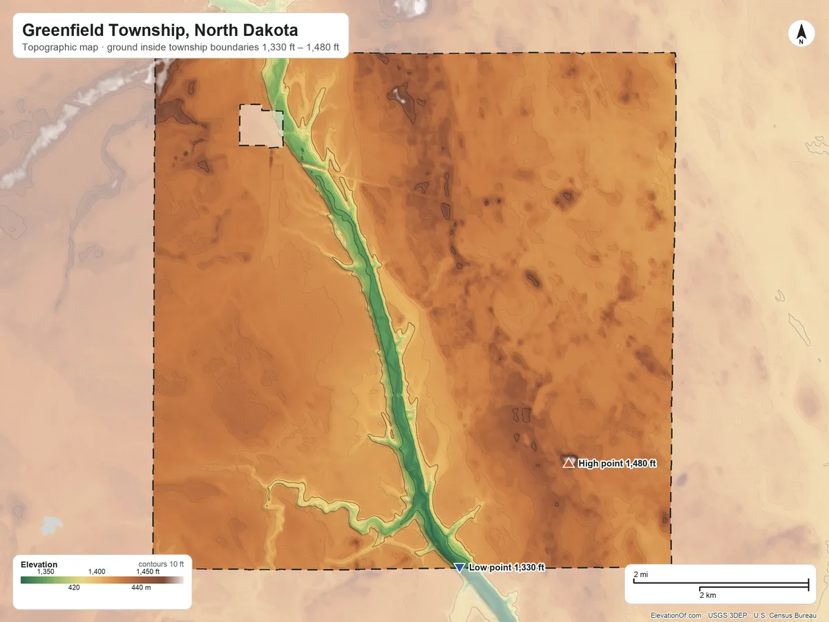 Topographic elevation map of Greenfield Township, North Dakota, shaded from 1,330 ft on the south side to 1,480 ft on the southeast side