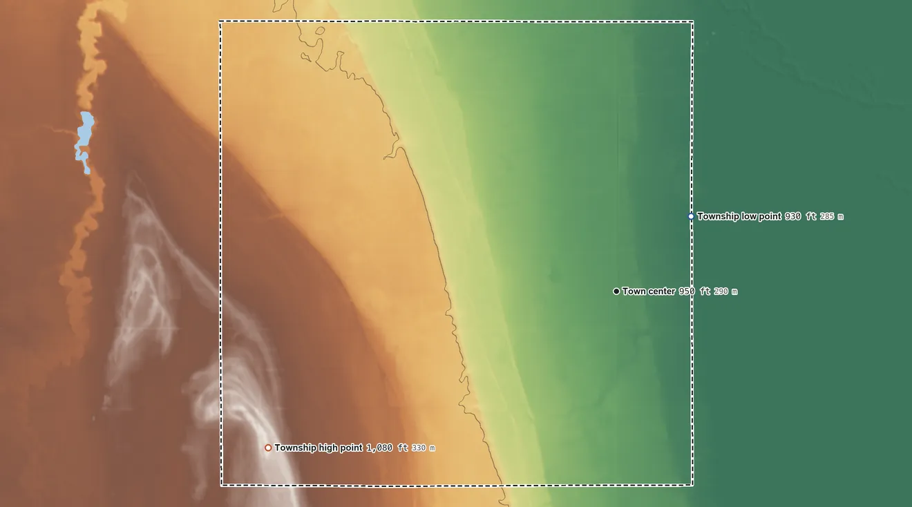 Topographic elevation map of Greenfield Township, Traill County, North Dakota, shaded from 930 ft on the northeast side to 1,080 ft on the southwest side