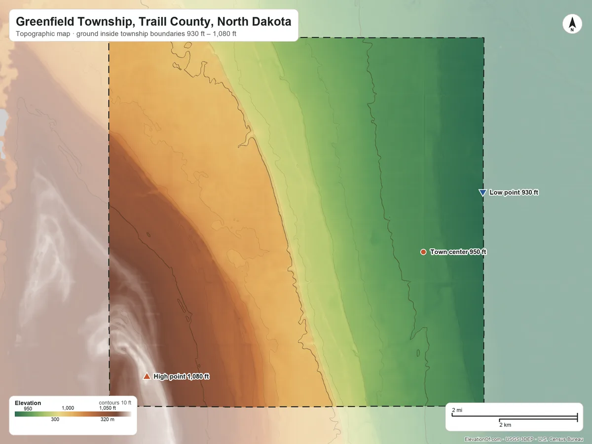 Topographic elevation map of Greenfield Township, Traill County, North Dakota, shaded from 930 ft on the northeast side to 1,080 ft on the southwest side