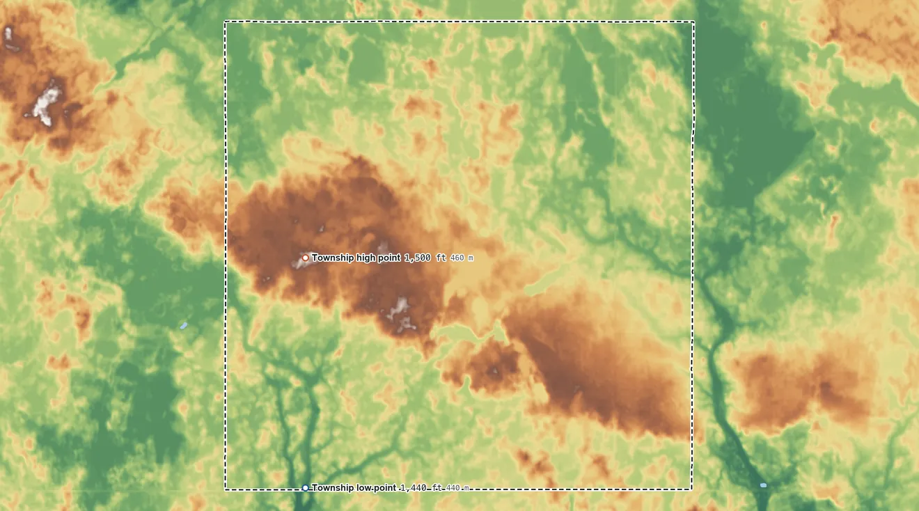Topographic elevation map of Greenland Township, North Dakota, shaded from 1,440 ft on the southwest side to 1,500 ft on the southwest side
