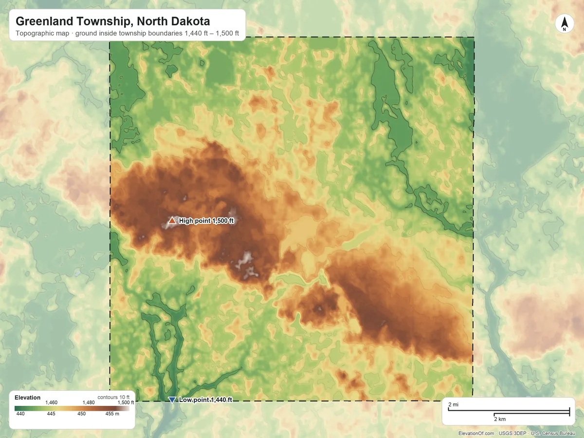 Topographic elevation map of Greenland Township, North Dakota, shaded from 1,440 ft on the southwest side to 1,500 ft on the southwest side