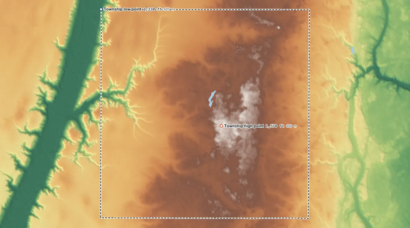 Topographic elevation map of Greenview Township, North Dakota, shaded from 1,330 ft on the northwest side to 1,570 ft on the south side