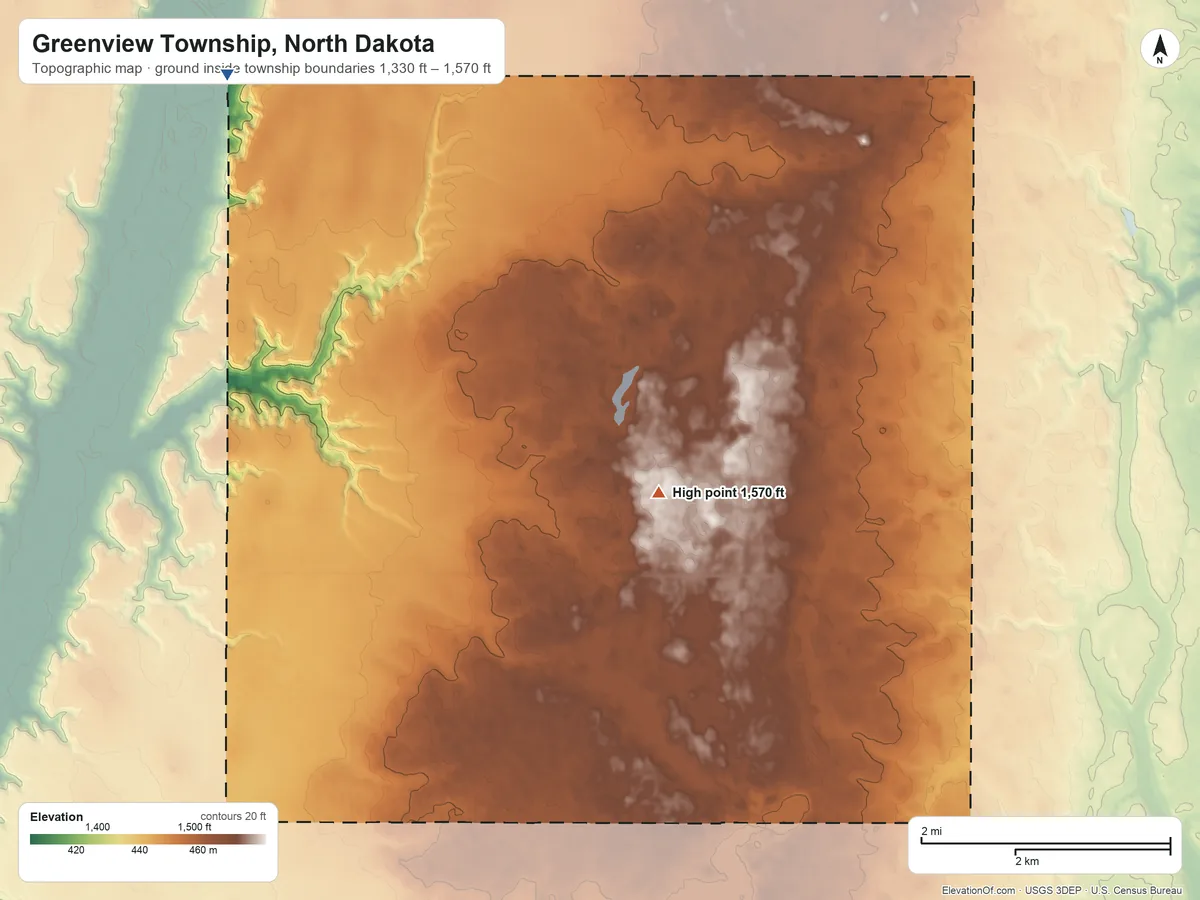 Topographic elevation map of Greenview Township, North Dakota, shaded from 1,330 ft on the northwest side to 1,570 ft on the south side