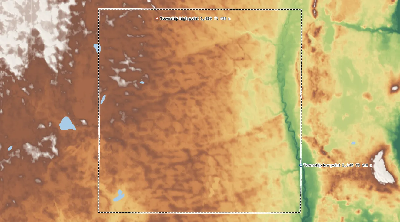 Topographic elevation map of Greenville Township, North Dakota, shaded from 1,340 ft on the southeast side to 1,430 ft on the northwest side
