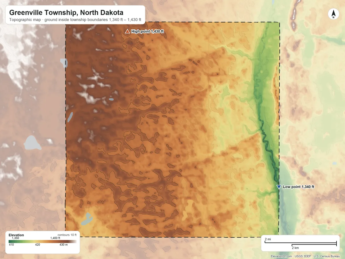 Topographic elevation map of Greenville Township, North Dakota, shaded from 1,340 ft on the southeast side to 1,430 ft on the northwest side