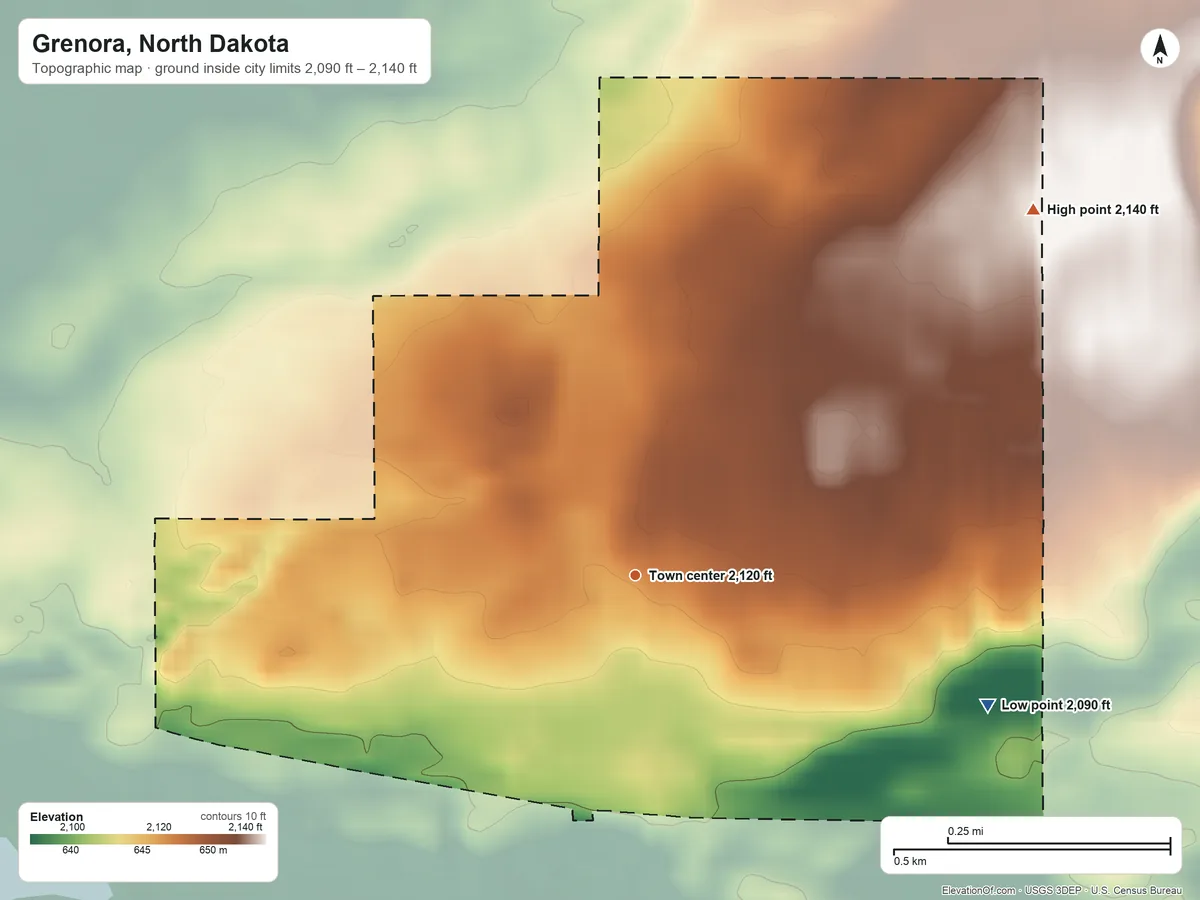Topographic elevation map of Grenora, North Dakota, shaded from 2,090 ft on the east side to 2,140 ft on the northeast side