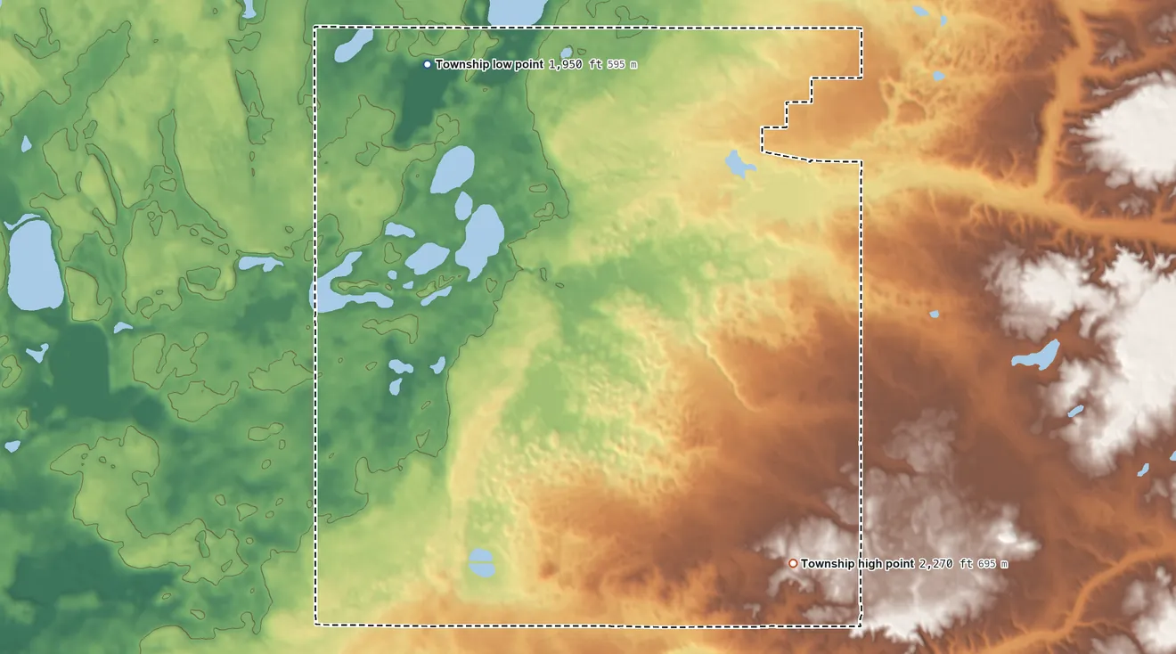 Topographic elevation map of Grenora Township, North Dakota, shaded from 1,950 ft on the northwest side to 2,270 ft on the southeast side