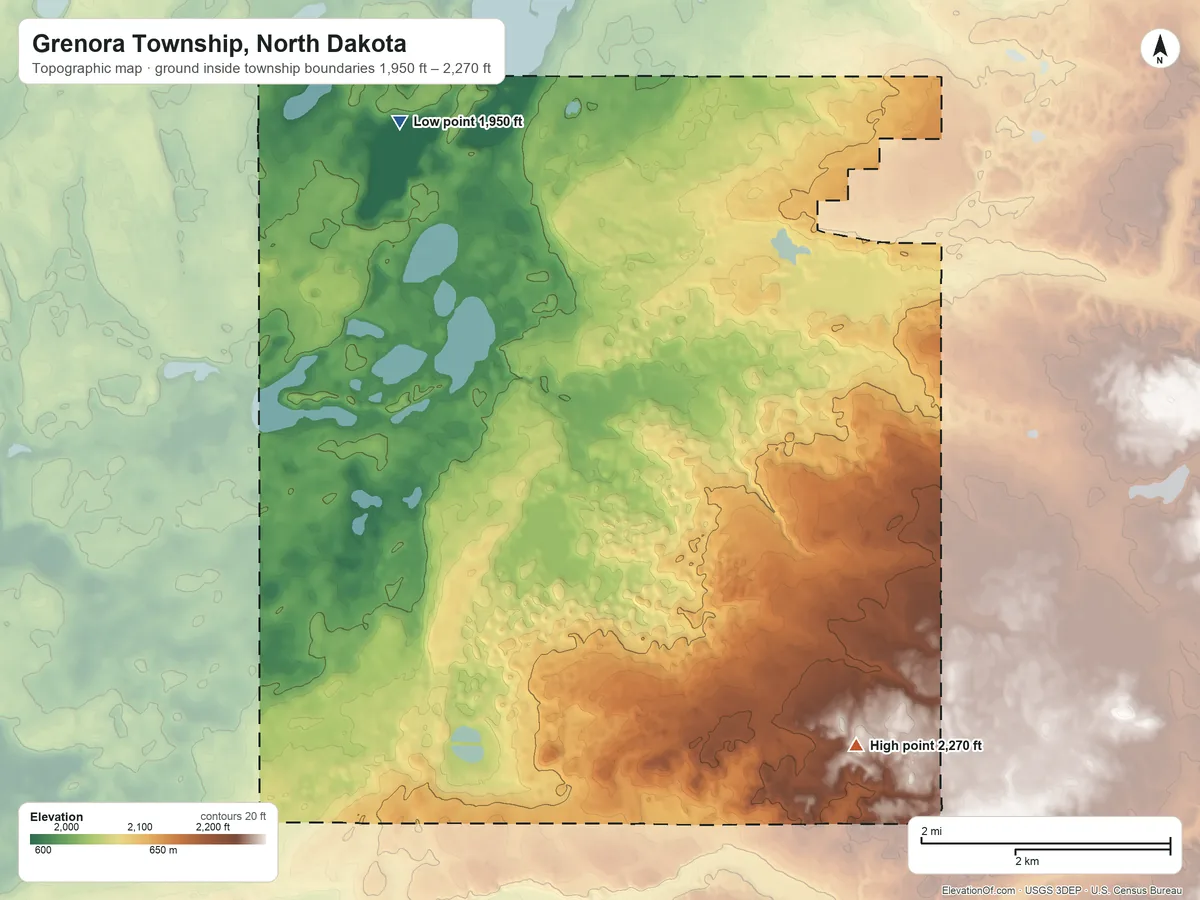 Topographic elevation map of Grenora Township, North Dakota, shaded from 1,950 ft on the northwest side to 2,270 ft on the southeast side