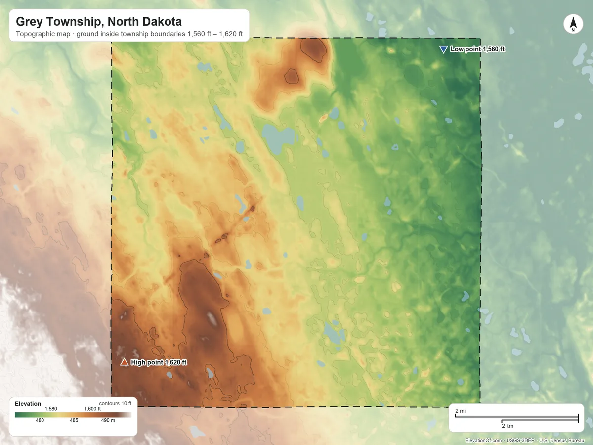 Topographic elevation map of Grey Township, North Dakota, shaded from 1,560 ft on the northeast side to 1,620 ft on the southwest side