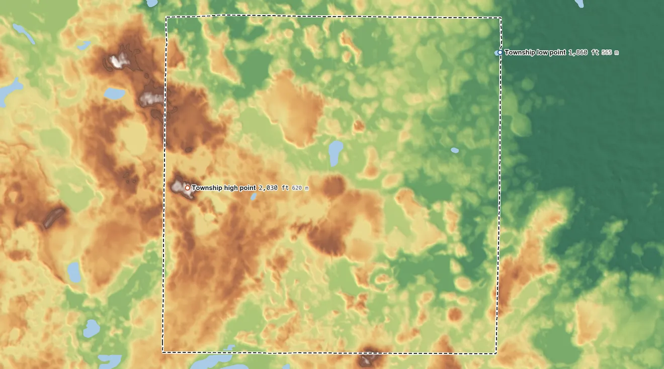 Topographic elevation map of Griffin Township, North Dakota, shaded from 1,860 ft on the northeast side to 2,030 ft on the west side