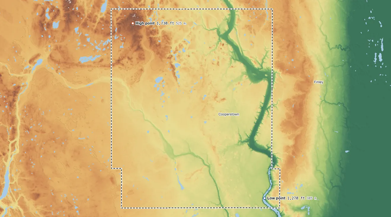 Topographic elevation map of Griggs County, North Dakota, shaded from 1,270 ft on the southeast side to 1,730 ft on the northwest side