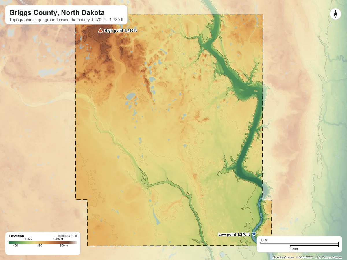 Topographic elevation map of Griggs County, North Dakota, shaded from 1,270 ft on the southeast side to 1,730 ft on the northwest side