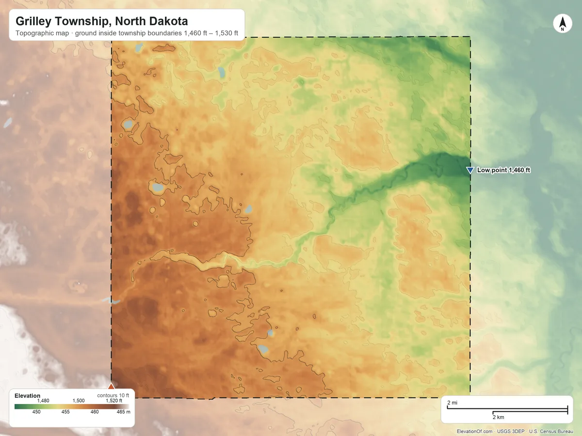 Topographic elevation map of Grilley Township, North Dakota, shaded from 1,460 ft on the northeast side to 1,530 ft on the southwest side