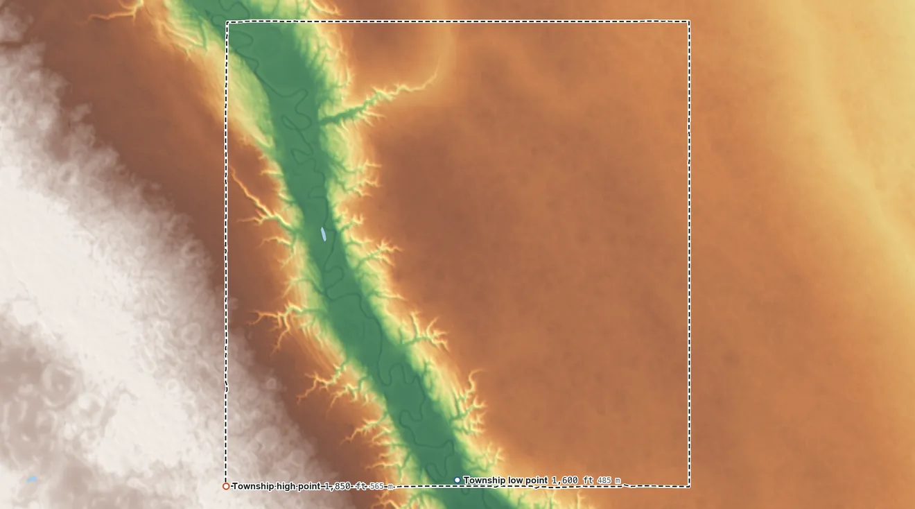 Topographic elevation map of Grover Township, North Dakota, shaded from 1,600 ft on the south side to 1,850 ft on the southwest side