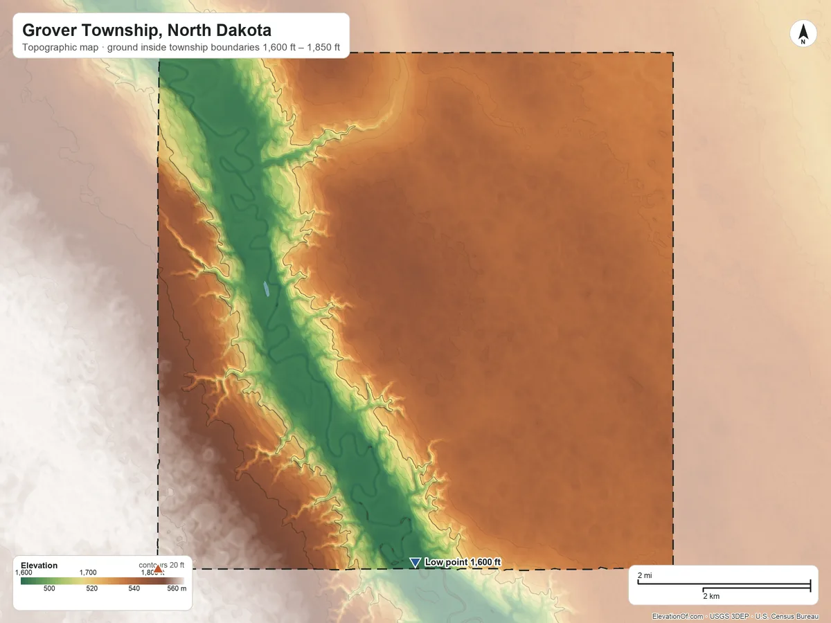 Topographic elevation map of Grover Township, North Dakota, shaded from 1,600 ft on the south side to 1,850 ft on the southwest side