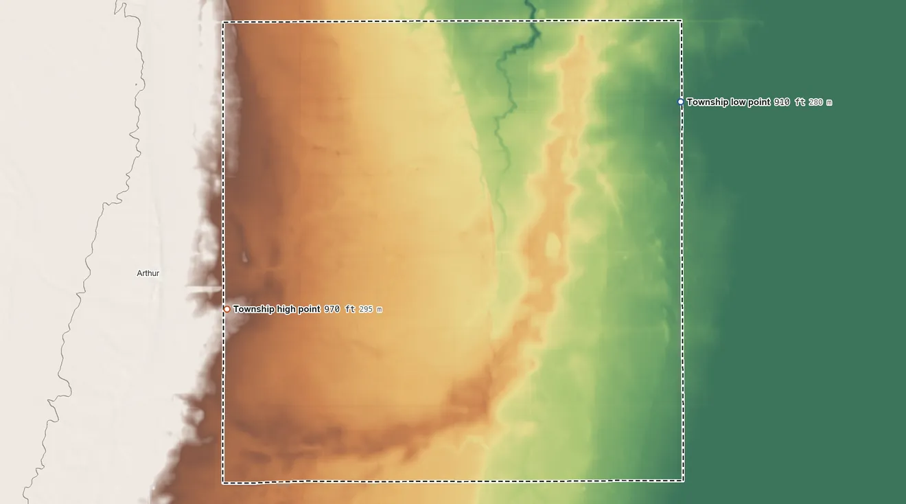 Topographic elevation map of Gunkel Township, North Dakota, shaded from 910 ft on the east side to 970 ft on the southwest side