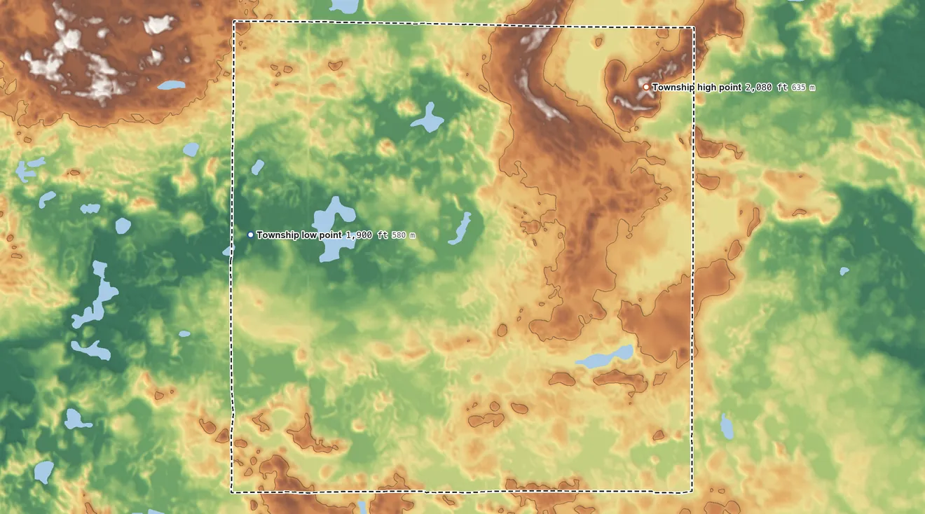 Topographic elevation map of Gutschmidt Township, North Dakota, shaded from 1,900 ft on the southwest side to 2,080 ft on the east side