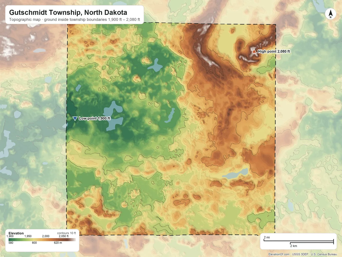 Topographic elevation map of Gutschmidt Township, North Dakota, shaded from 1,900 ft on the southwest side to 2,080 ft on the east side
