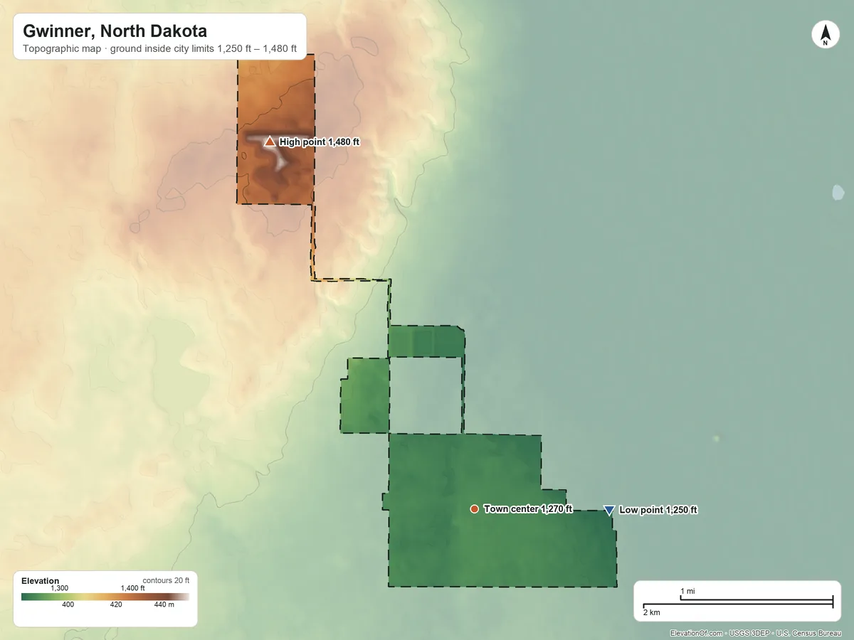 Topographic elevation map of Gwinner, North Dakota, shaded from 1,250 ft on the east side to 1,480 ft on the northwest side