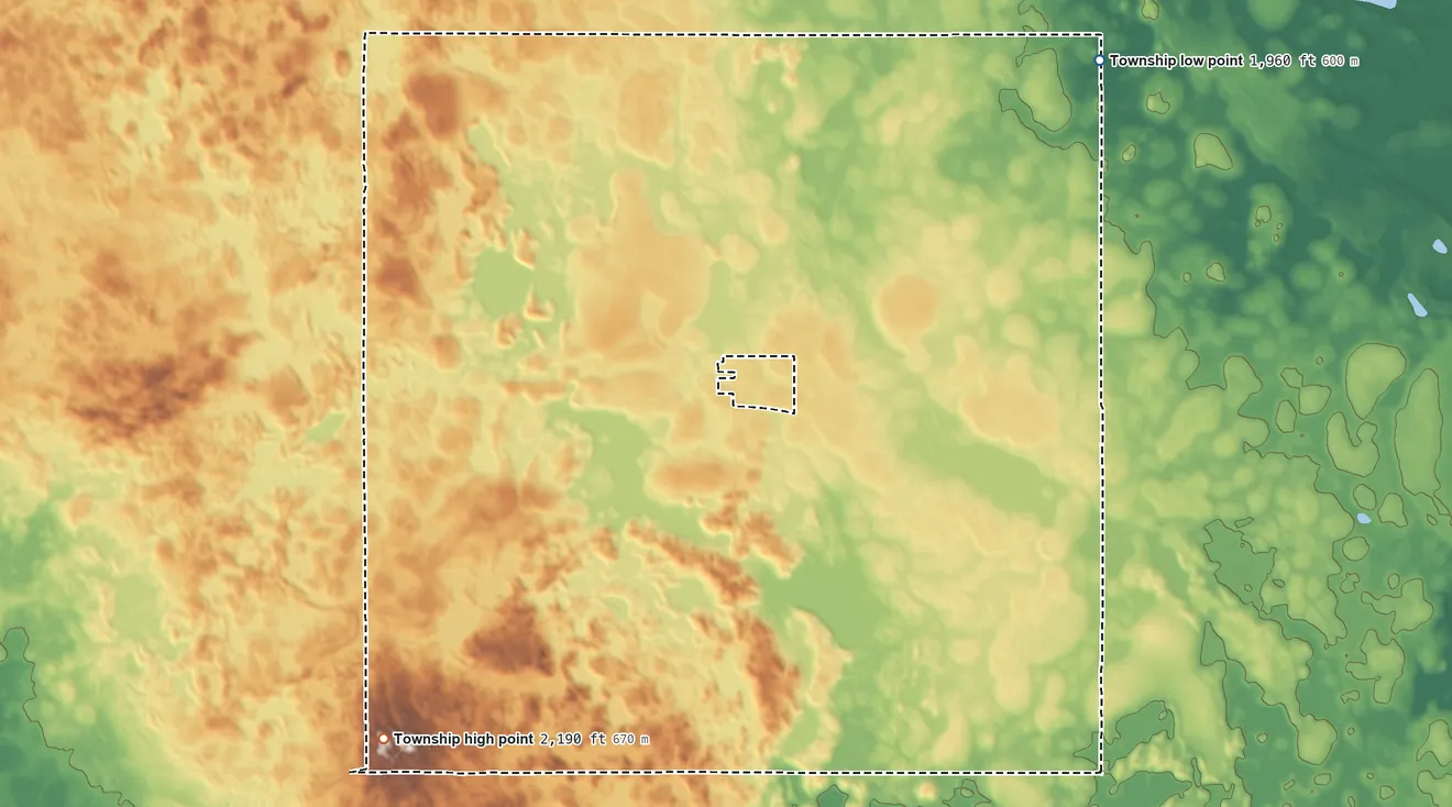 Topographic elevation map of Haag Township, North Dakota, shaded from 1,960 ft on the east side to 2,190 ft on the south side