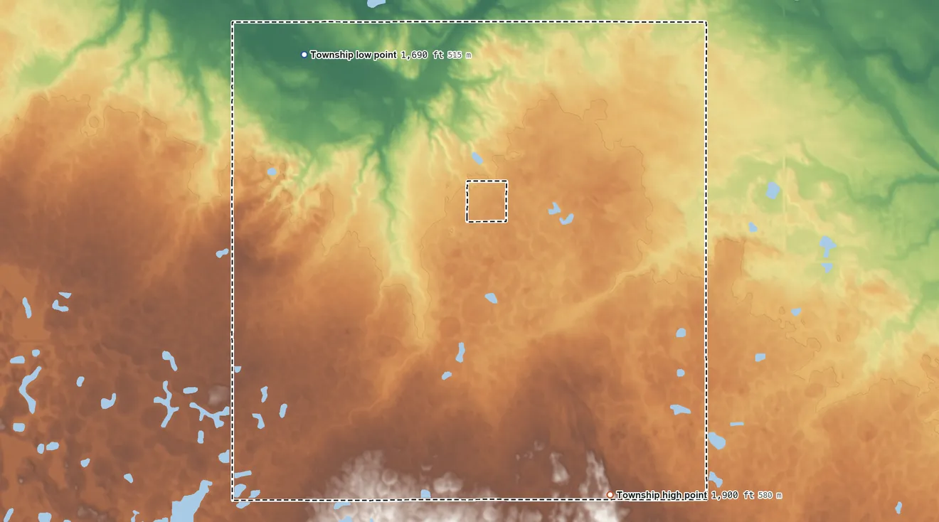 Topographic elevation map of Haaland Township, North Dakota, shaded from 1,690 ft on the northwest side to 1,900 ft on the southeast side