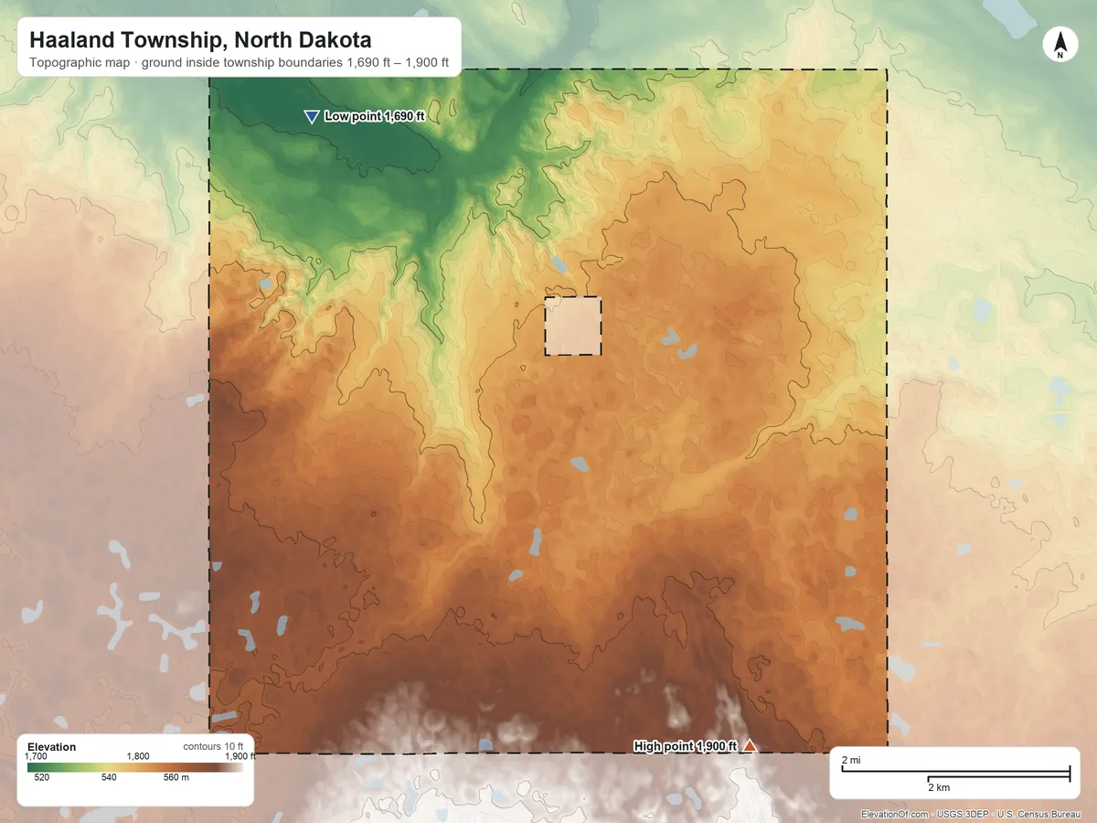 Topographic elevation map of Haaland Township, North Dakota, shaded from 1,690 ft on the northwest side to 1,900 ft on the southeast side