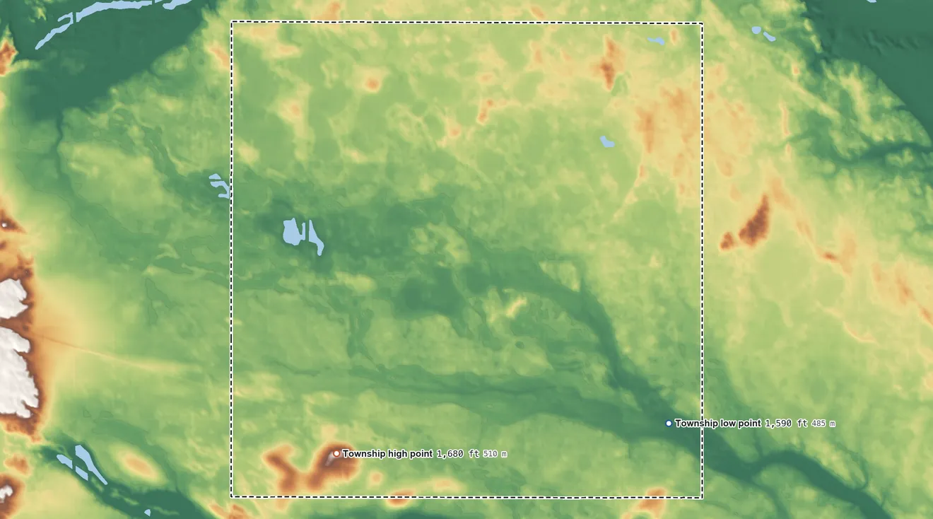 Topographic elevation map of Hagel Township, North Dakota, shaded from 1,590 ft on the east side to 1,680 ft on the southwest side