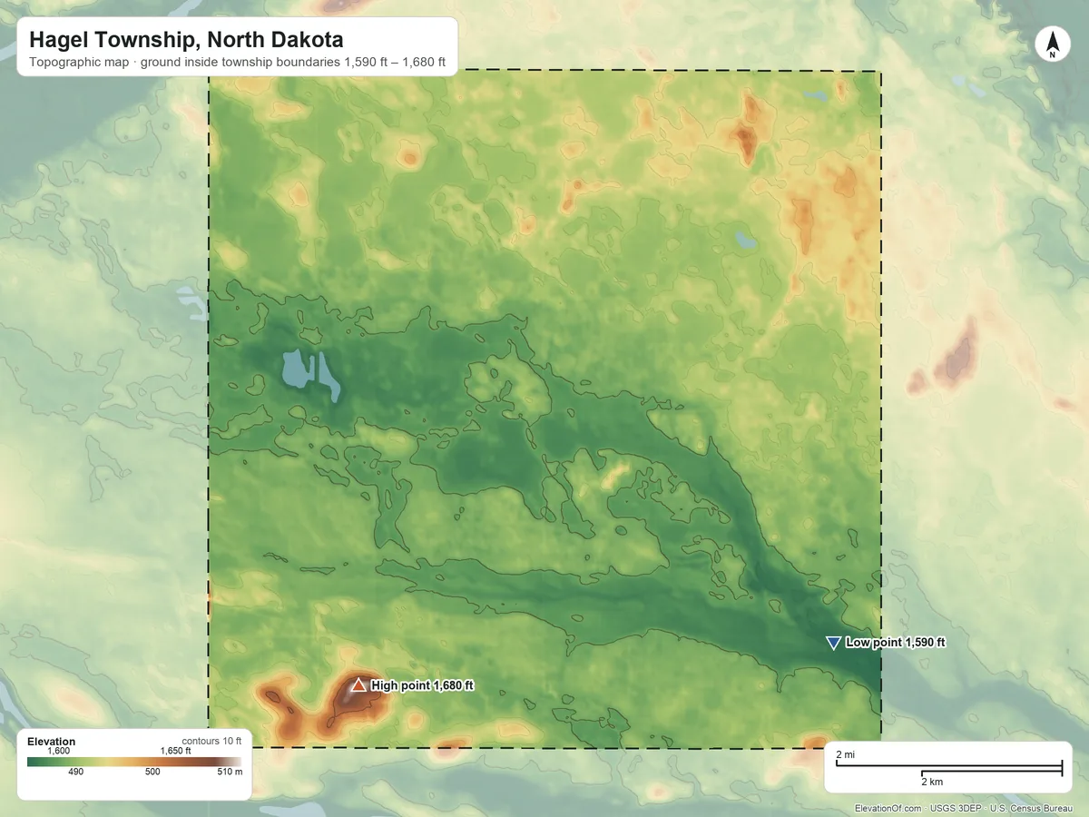 Topographic elevation map of Hagel Township, North Dakota, shaded from 1,590 ft on the east side to 1,680 ft on the southwest side
