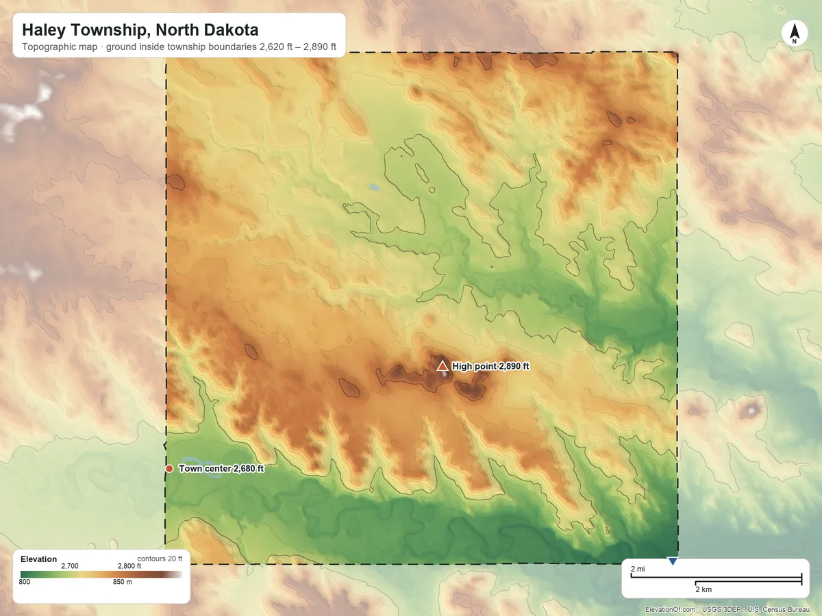 Topographic elevation map of Haley Township, North Dakota, shaded from 2,620 ft on the east side to 2,890 ft on the east side