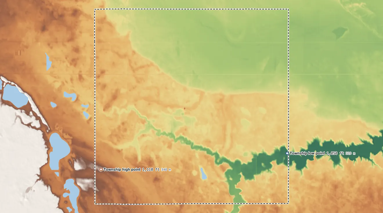 Topographic elevation map of Hall Township, North Dakota, shaded from 1,050 ft on the southeast side to 1,110 ft on the southwest side
