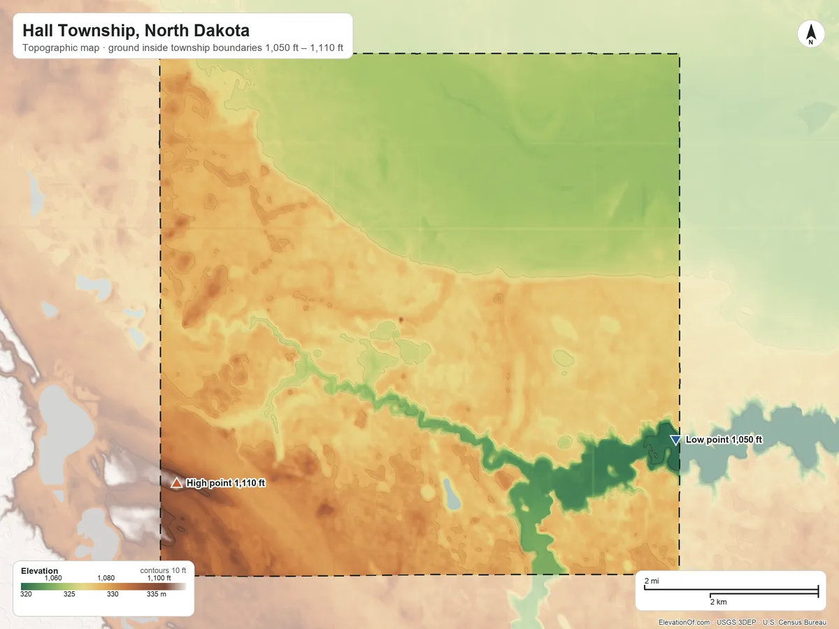 Topographic elevation map of Hall Township, North Dakota, shaded from 1,050 ft on the southeast side to 1,110 ft on the southwest side