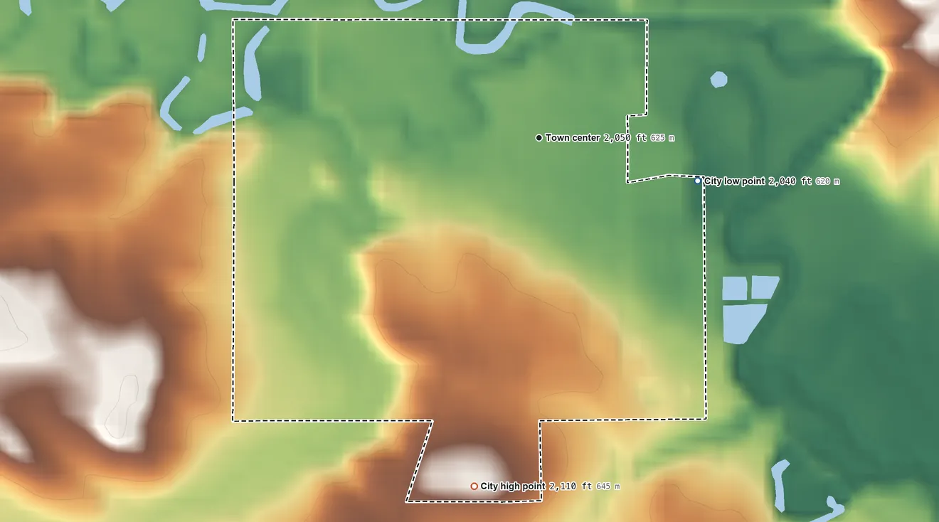 Topographic elevation map of Halliday, North Dakota, shaded from 2,040 ft on the east side to 2,110 ft on the south side