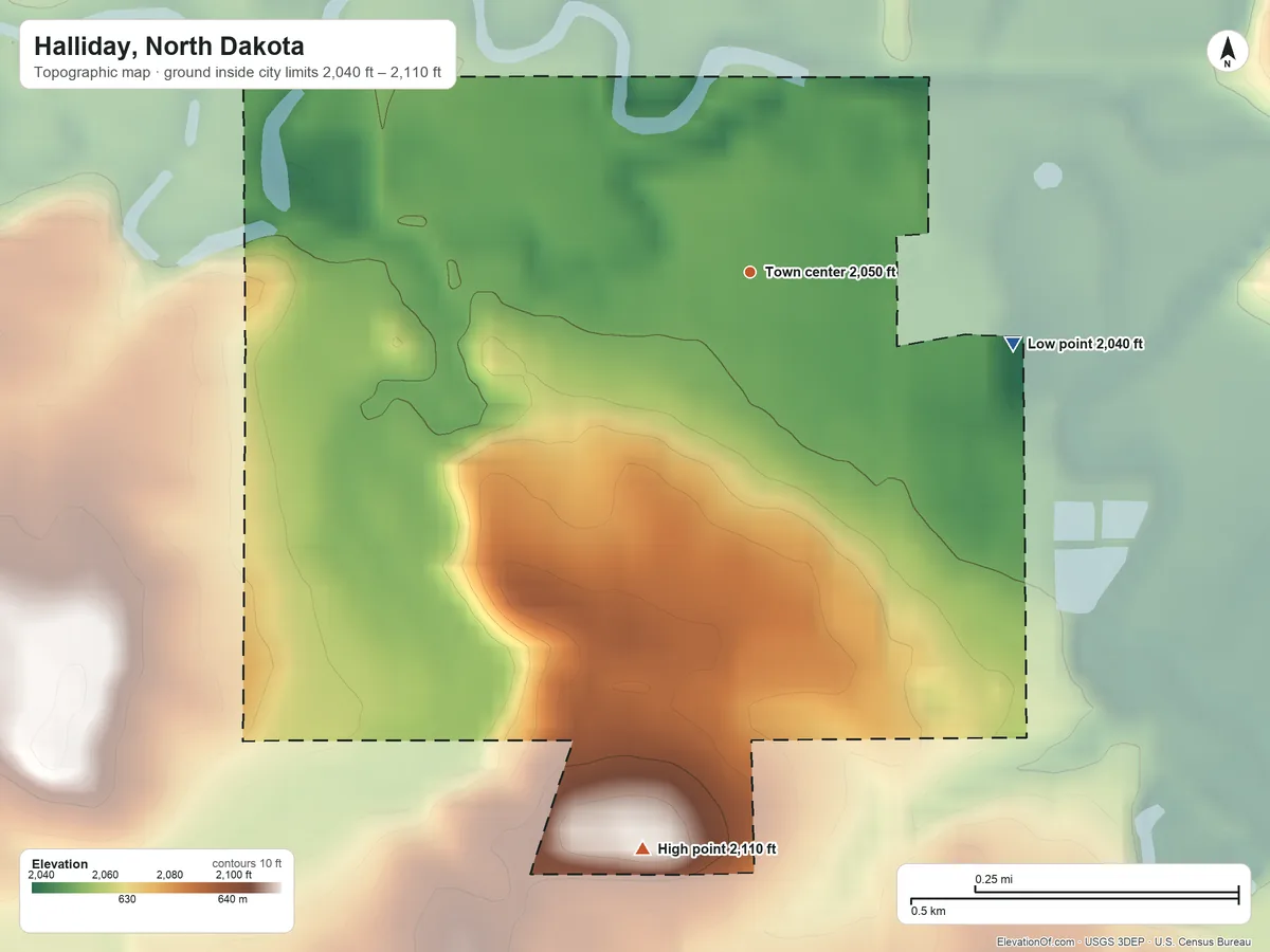 Topographic elevation map of Halliday, North Dakota, shaded from 2,040 ft on the east side to 2,110 ft on the south side